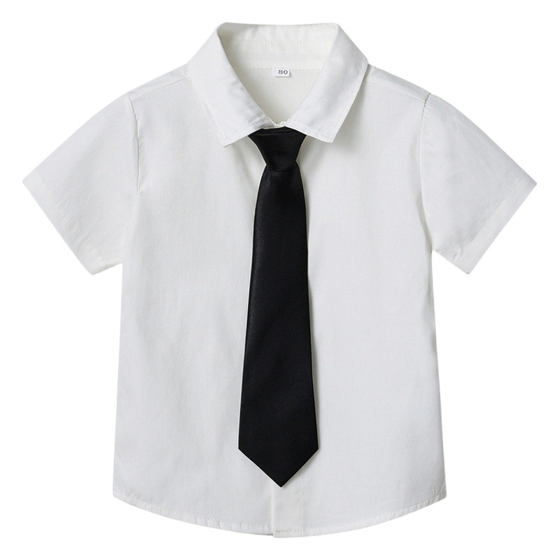 Cárdigan de solapa de manga corta de un solo pecho de verano para niños coreanos, corbata de estilo universitario para niños y niñas, camisa de color caramelo