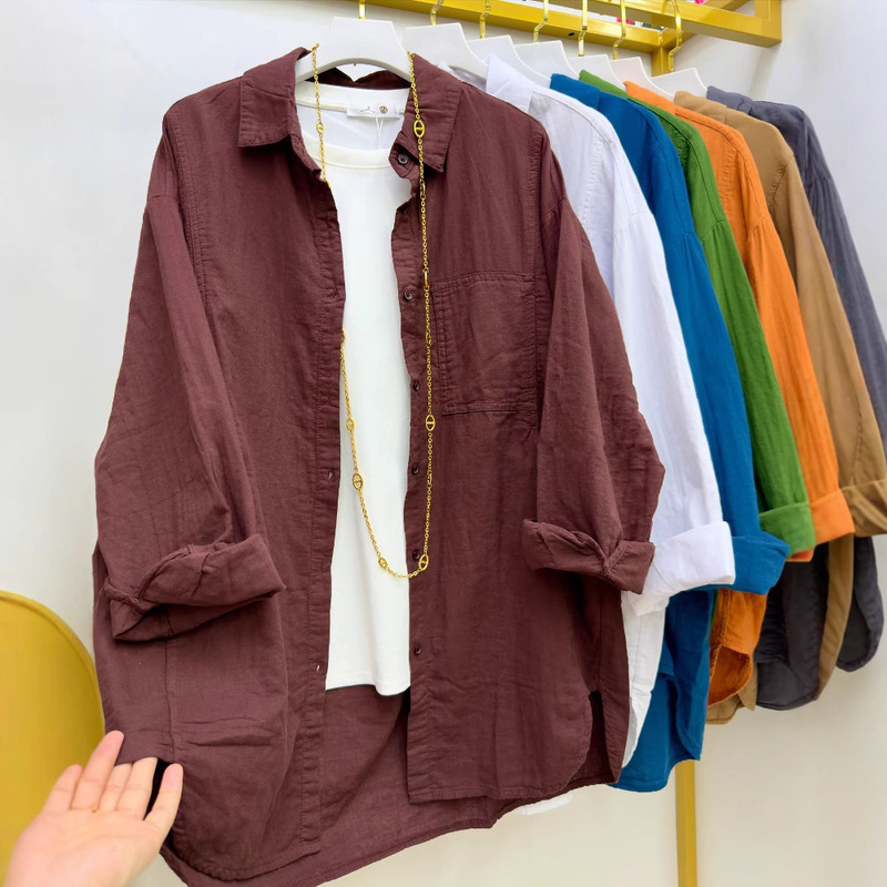 Ed3719 Literary Retro Loose Large Version Elegant Long-Sleeved Shirt New Pure Color Double Yarn Cotton and Linen Mid-Length Top