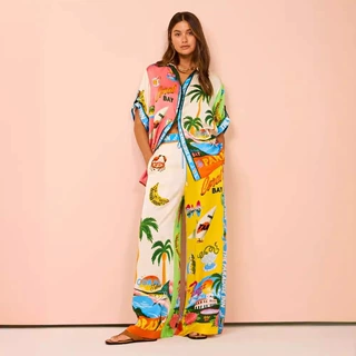 欧美跨境2024独立站速卖通时尚个性印花短袖拼色度假休闲系绳套装