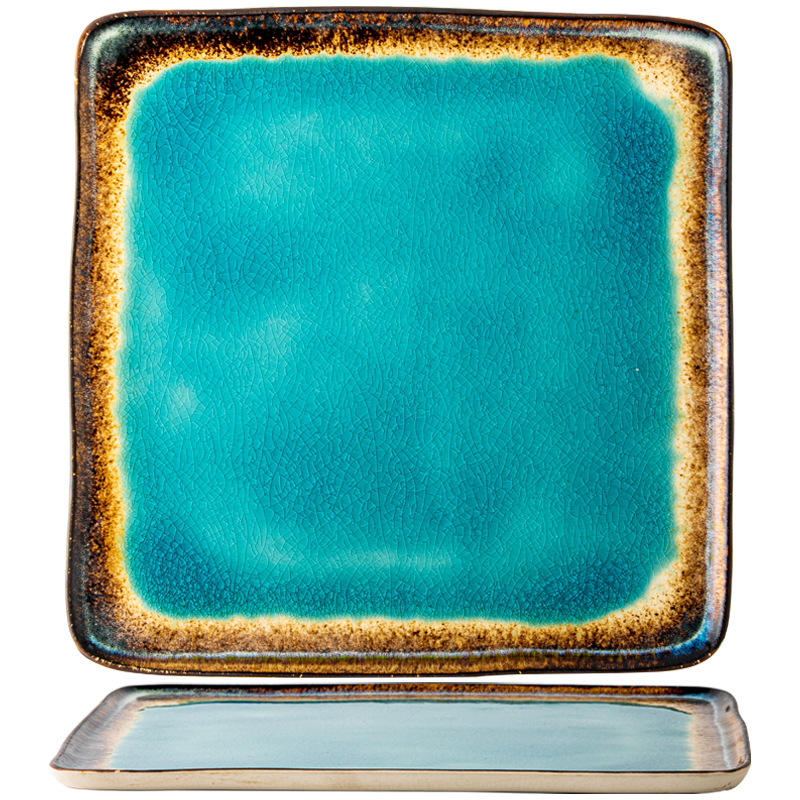 Plato azul marino de alto valor, plato cuadrado de cerámica, plato de platos caseros, plato de filete, exportación transfronteriza de cubiertos esmaltados por hielo