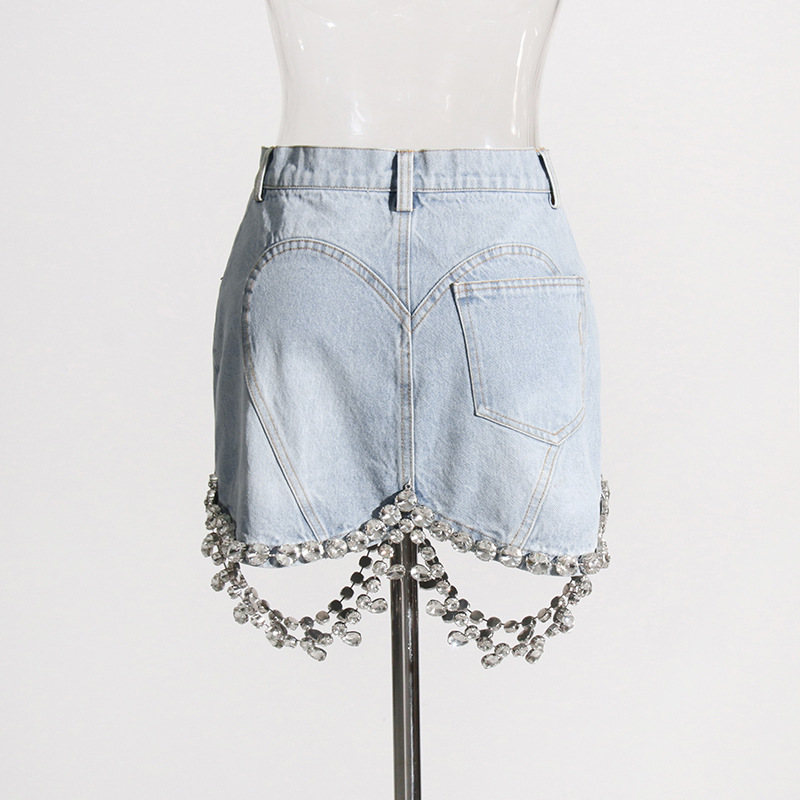 Personality Short Cropped Outfit Slimming Denim Top Hip Wrapped Skirt Diamond Embedded Denim Suit Women