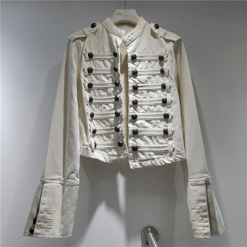 Retro industria pesada de collar de metal hebilla denim chaqueta corta nicho amarillo mujer diseño delgado chaqueta de hombro chaqueta