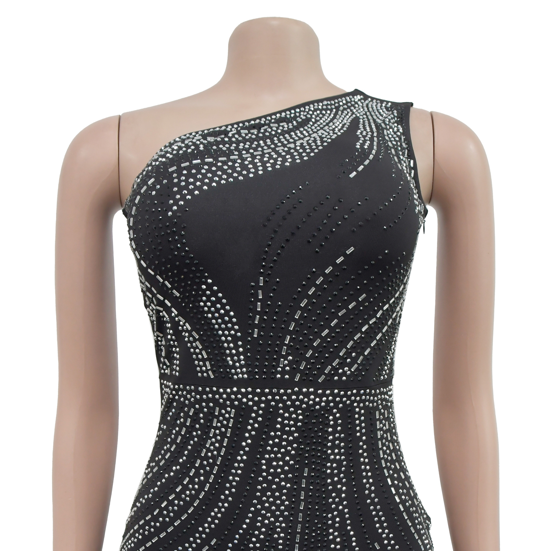 Robe moulante ornée de strass pour femme – Robe de soirée sexy à manches longues, élégante et glamour._voghion.com