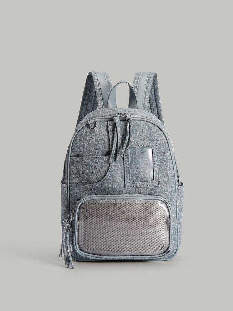 包包女秋季小众水洗牛仔双肩包大容量透明痛包简约复古学生书包女