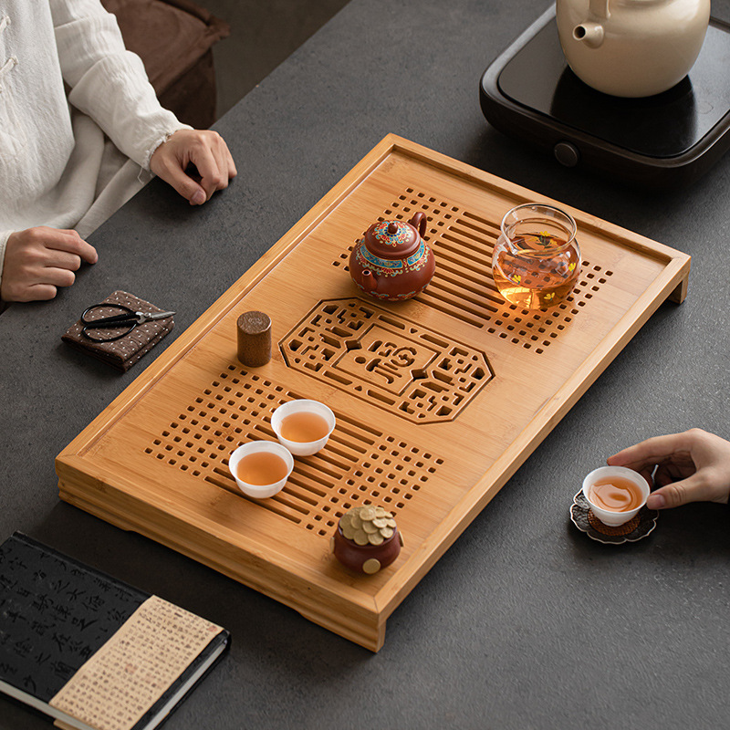 茶盘家用功夫茶具干泡茶台大号竹制轻奢现代新中式茶托盘储蓄双排
