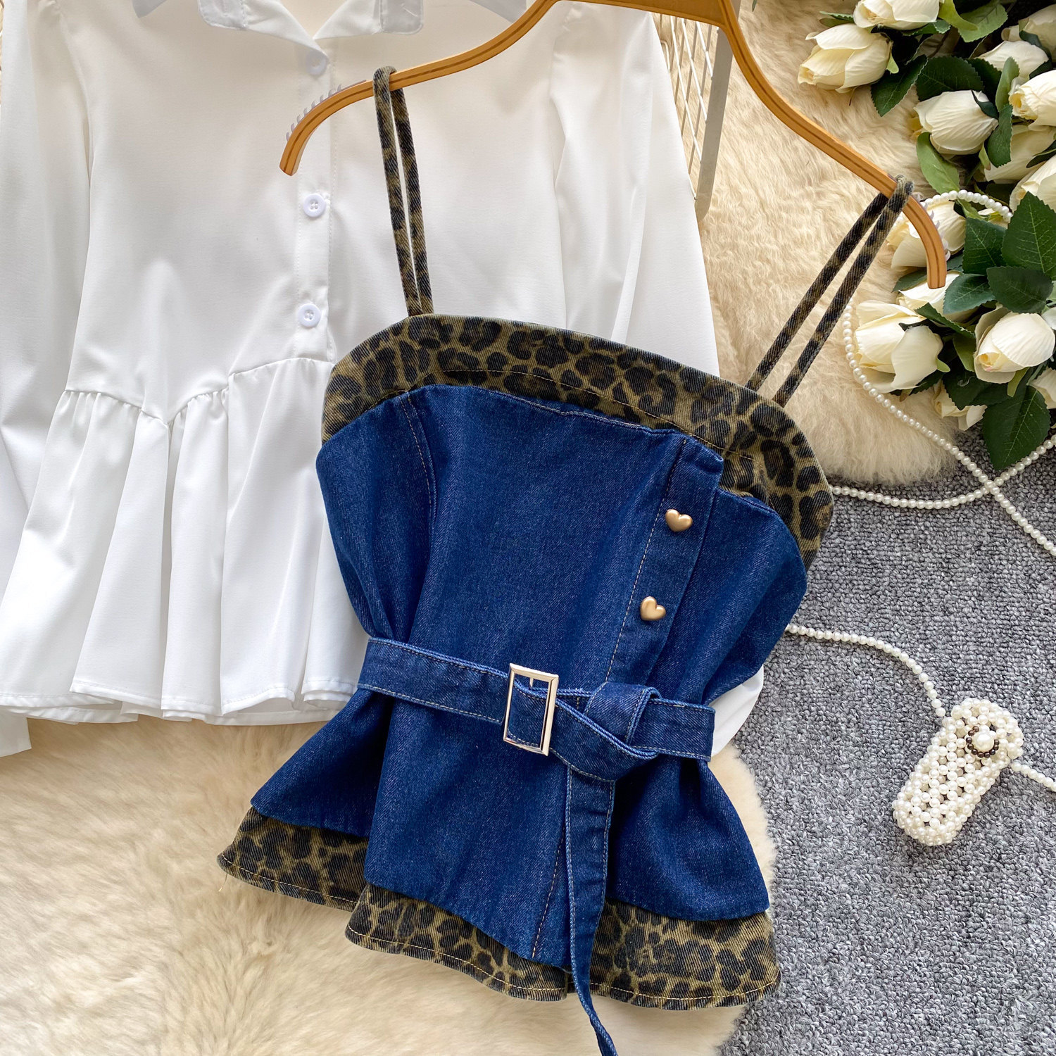 French Retro Women's Leopard Print Two-piece Vest Set With Belt_voghion.com