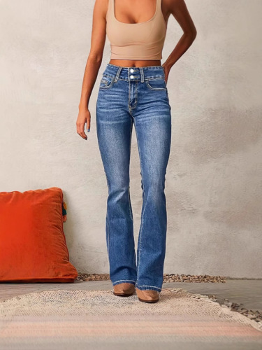 Promotional item: New spring vintage stretch denim jeans for women—washed, slightly flared, in European and American styles.