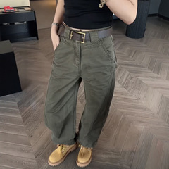2025秋冬新款工装牛仔裤女梨型身材大码胖mm宽松显瘦直筒阔腿裤子