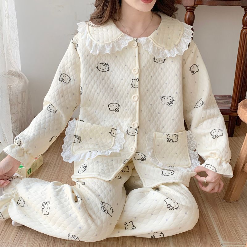 Cardigan de algodón de aire pijama de mujeres otoño invierno nuevo cuello de muñeca encaje coreano dulce engrosado intercalado conjunto de ropa para el hogar