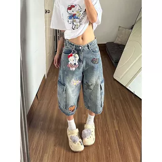 工厂定制美式复古水洗卡通刺绣设计工装牛仔七分裤女夏季显瘦