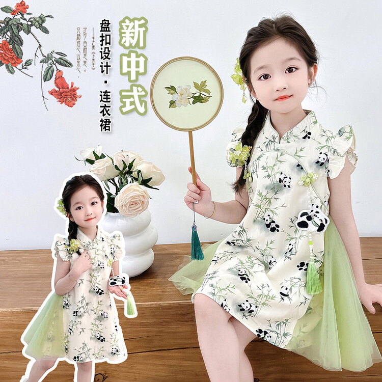 Vestido cheongsam para niñas vestido de verano 2025 nuevo vestido de Hanfu para niños nuevo vestido de princesa panda de estilo chino