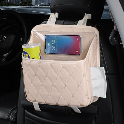 Car seat back storage Chair back anti-kick pad - chair-back-storage-bag-off-white-with-waterproof-liner
