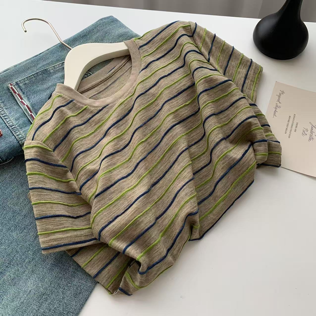 Cotton and Linen Round Neck Pullover Stereo Green Contrast Stripes Loose Slimming Look Casual Versatile Round Neck Short-Sleeved T-Shirt for Women Summer