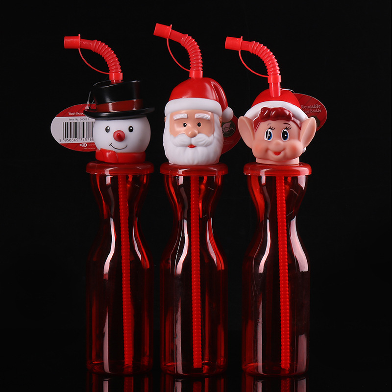 Fábrica directa serie de dibujos animados navideños PET500ML fiesta bebida patio botella taza de paja