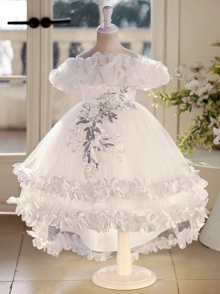 Vestido de niñas vestido de princesa de cola floral vestido de novia niños anfitriones de piano vestido de boda de verano