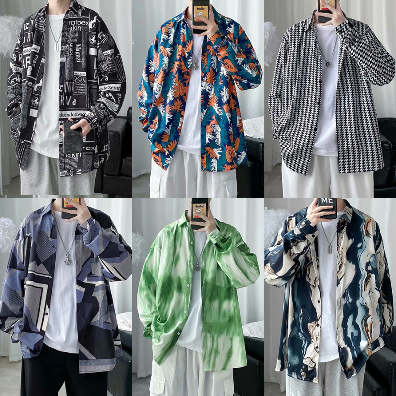 Men's Long-Sleeve Shirt, Spring and Autumn Trendy Ins-Style Floral Shirt, Hong Kong Style, Japanese Retro Loose Fit, Cool and Stylish Jacket Men's Long-Sleeve Shirt, Spring and Autumn Trendy Ins-Style Floral Shirt, Hong Kong Style, Japanese Retro Loose Fit, Cool and Stylish Jacket