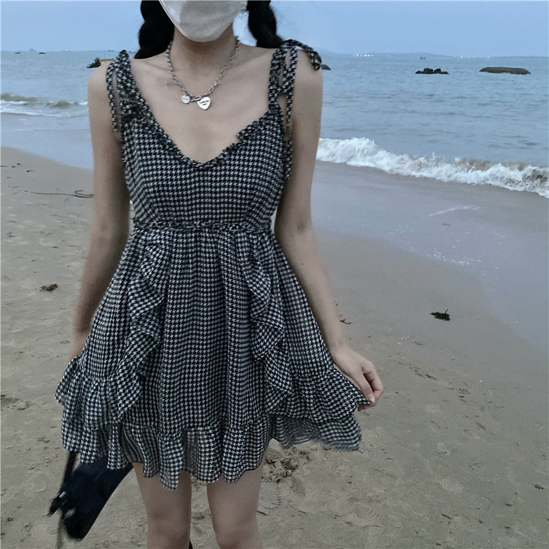 Платье с рюшами на талии в ломаную клетку женское 2023 летняя новая стильная Элегантная короткая юбка модная для миниатюрных