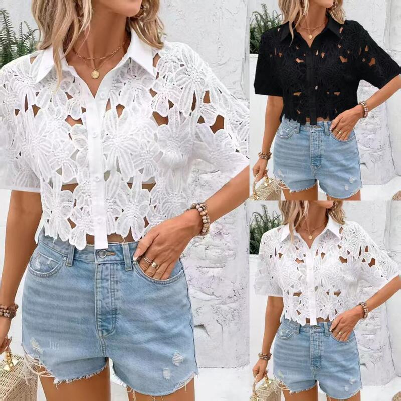 Cross-Border European and American Women's Lace Fashion Versatile Elegant Shirt Tops Casual Vacation Party Hollow Shirt