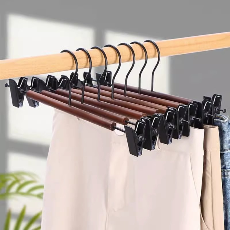 Iron and Beech Wood Clothes Rack, Black Anti-Slip Suit Hanger, Wide Shoulder Seamless Anti-Slip Pants Rack, Storage Rack, Non-Slip Pants Rack