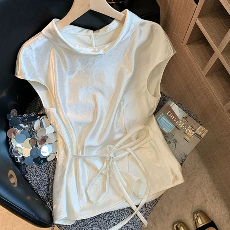 Korean 5269 Glossy Acetate Satin Waist-Cinching Sleeveless Shirt for Women, 2025 Summer New French-Style Elegant High-End Blouse