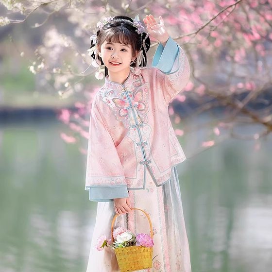Hanfu Girls 2025 Spring and Autumn Children's Antique Super Fairy Pink Ming-made Horse-faced Skirt suit Little Girl's Paid Dress