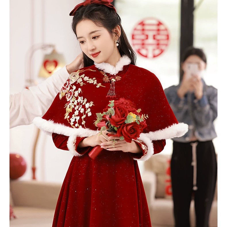 Зимний тост для невесты Толстый 2024 новый китайский стиль cheongsam бордовое красное свадебное платье для женщин высокого уровня с длинными рукавами