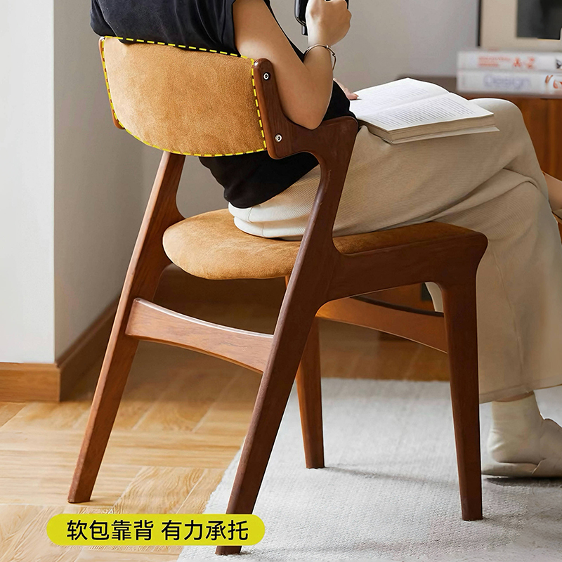 French Retro Mid-Century Style Soft-Packed Solid Wood Dining Chair, Sofa, High Backrest, Study Table, Home Dressing Table Stool