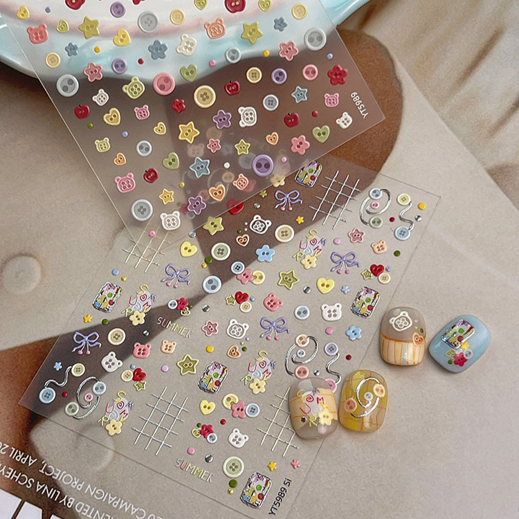 Yitu Ant Relief Cartoon Button Nail Art Sticker Cute Cartoon Bear Style Adhesive Decorative Sticker Yt5989