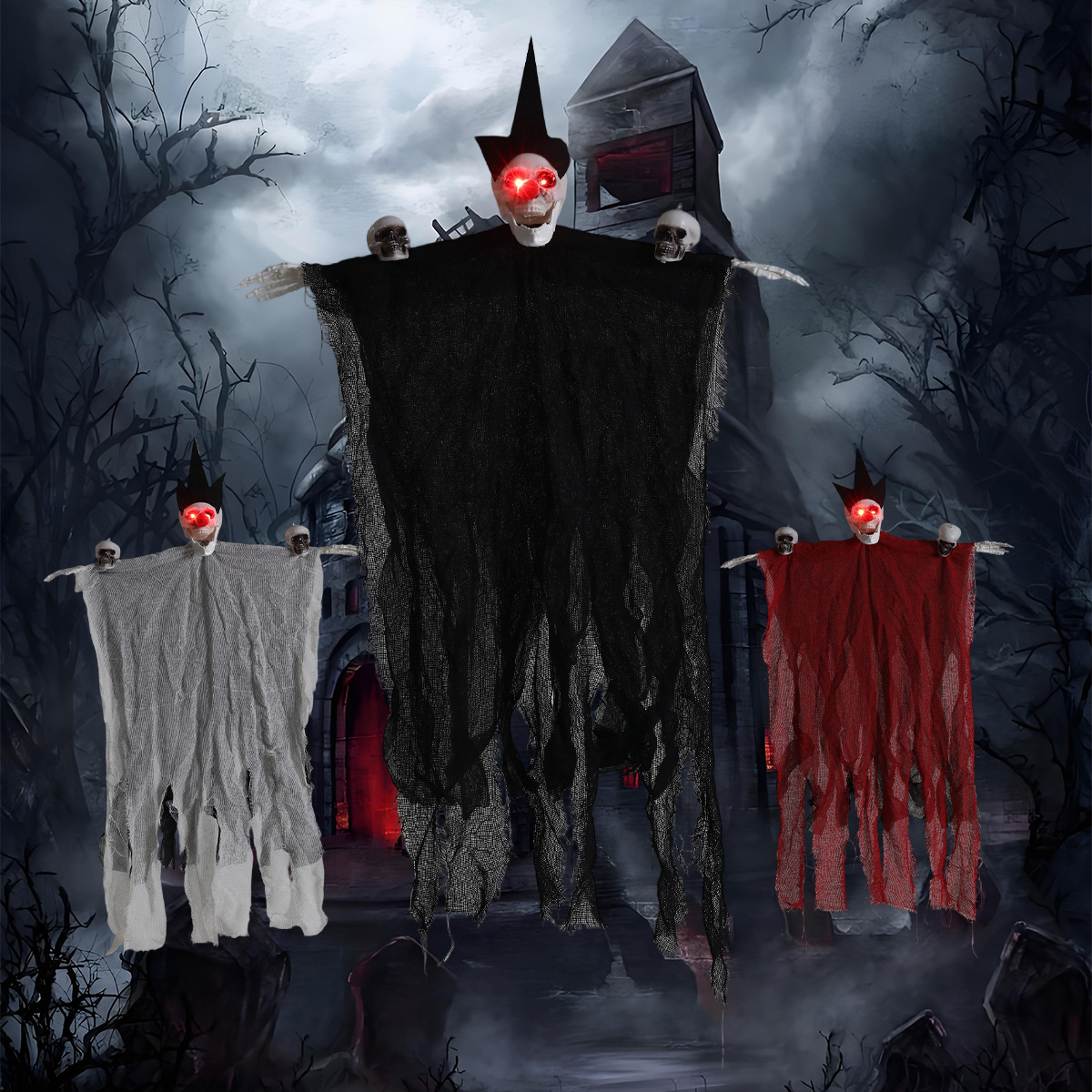 Decoraciones de Halloween, fantasmas colgantes de tres cabezas, brillantes, muecas, gasas, festivales de fantasmas, casas embrujadas, decoraciones de fiesta en el patio