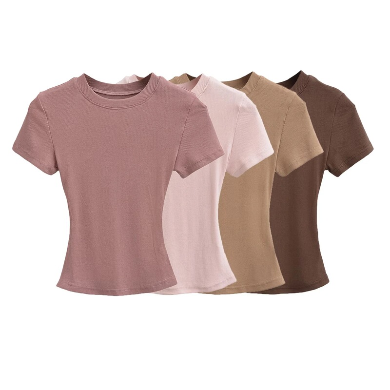 European and American Kardashian Style Sexy Small Round Neck Short-sleeved T-shirt Women's 2024 Summer Skims Solid Color Base Threaded Top