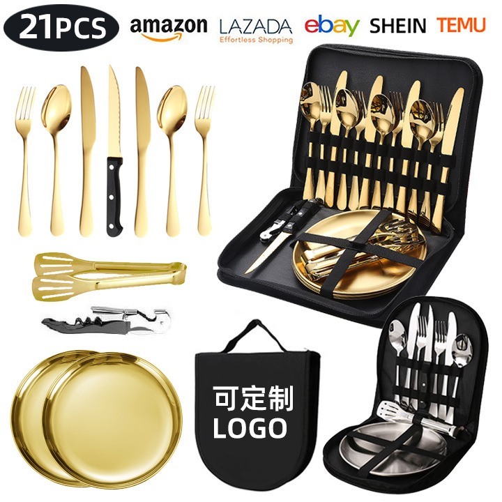 Amazon Stainless Steel Outdoor Tableware Set with Camping Picnic Portable Cloth Bag Bbq Steak Knife, Fork and Spoon