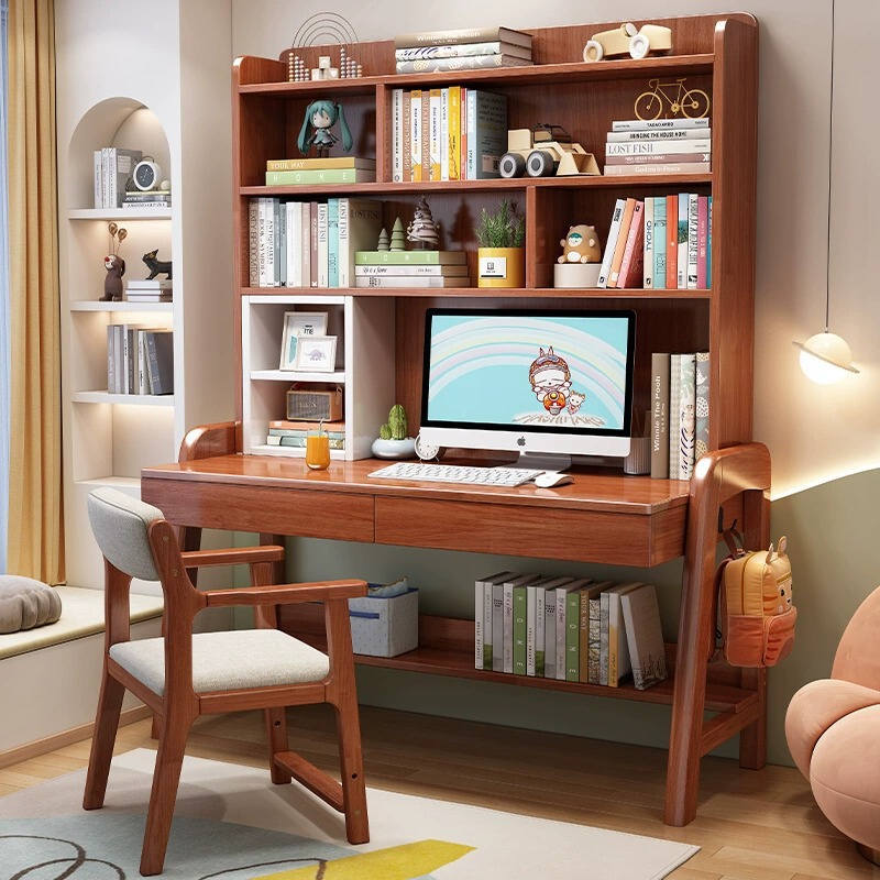 Solid Wood Desk and Bookshelf Integrated Home Study Table for Students and Children, Adjustable Height Bedroom Writing Desk for Boys and Girls