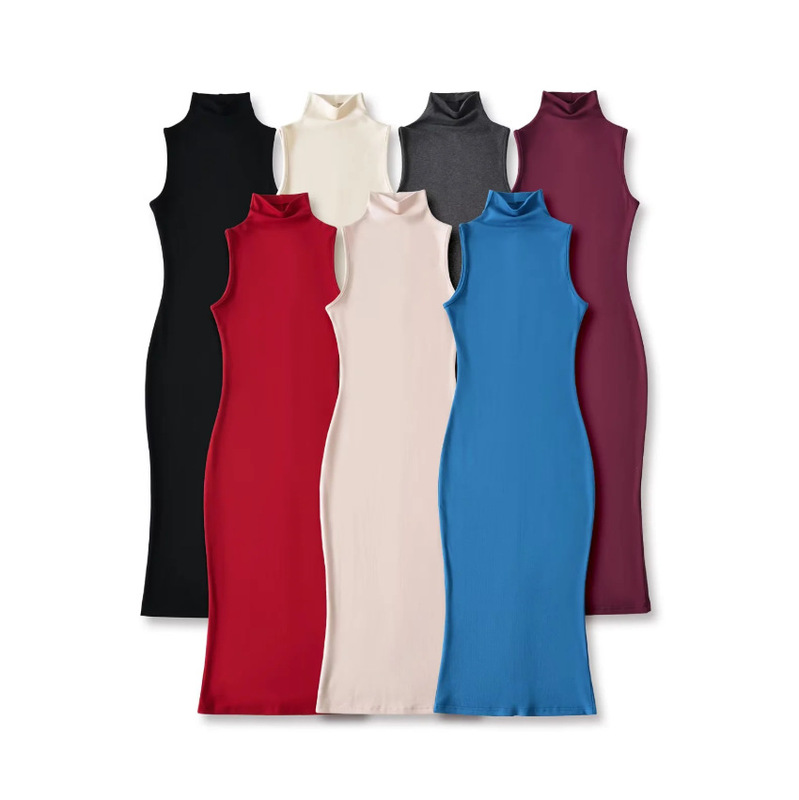 Back Slit High-Neck Sleeveless Dress for Women 2026 Summer New American Style Hot Girl Pure Color Slim Fit Bodycon Dress Back Slit High-Neck Sleeveless Dress for Women 2026 Summer New American Style Hot Girl Pure Color Slim Fit Bodycon Dress
