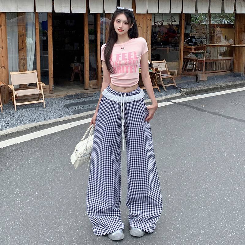 Wholesale Black Lace Waist Plaid Casual Pants for Women Summer Design Loose Straight Wide Leg Pants Long Pants