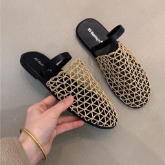 夏季网状镂空外穿一字带平底凉拖女小众编织网纱拖鞋女