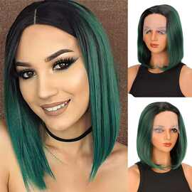 跨境欧美假发染色中分T蕾丝bobo假发头套 黑色渐变绿色短直发bobo