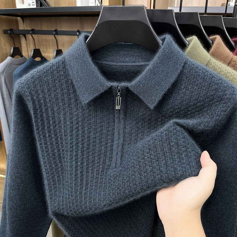 Old Money Style Autumn/Winter Knitwear, New Mid-Age Men's Thick Lapel Sweater with Zipper and Jacquard Pattern, Warm Old Money Style Autumn/Winter Knitwear, New Mid-Age Men's Thick Lapel Sweater with Zipper and Jacquard Pattern, Warm