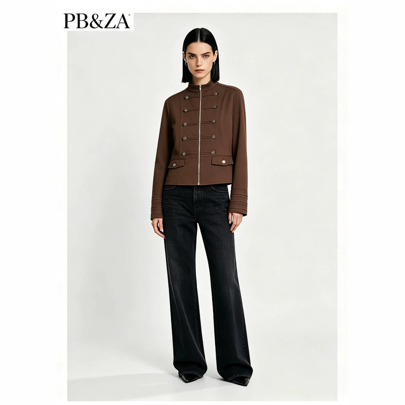 PB&ZA 2026 Spring New Stand Collar Double Row Gold Button Short Jacket for Women Brown Military Style Vintage Coat PB&ZA 2026 Spring New Stand Collar Double Row Gold Button Short Jacket for Women Brown Military Style Vintage Coat