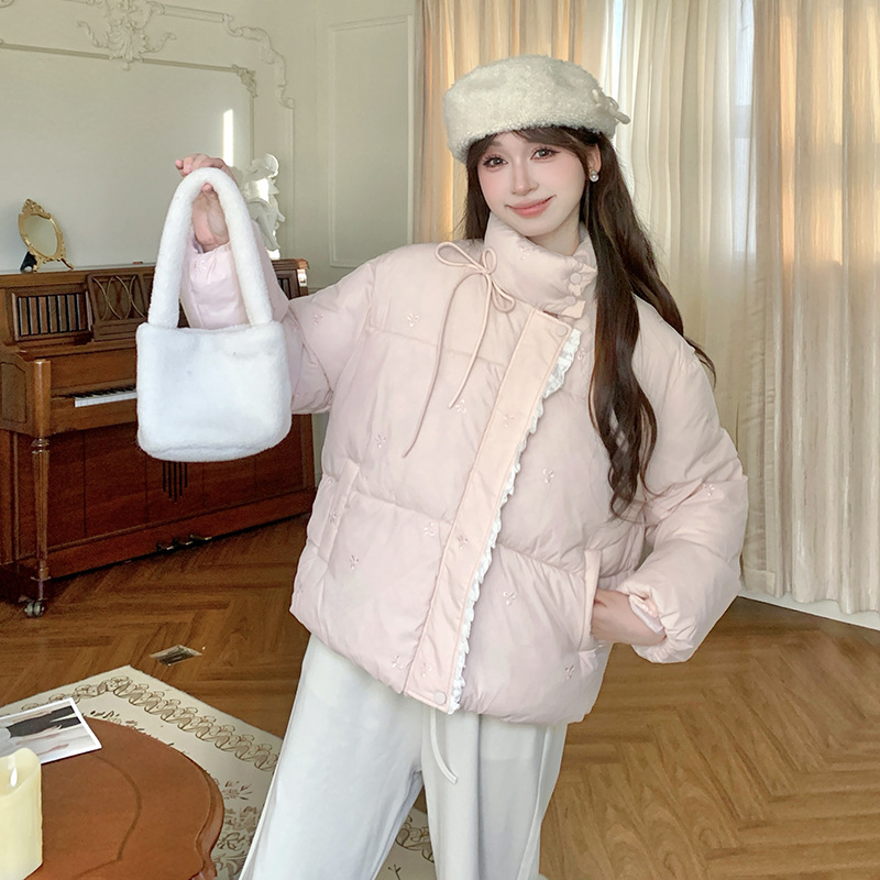 Sensación de la niña dulce arco rosa bordado ropa de algodón mujer invierno nuevo abrigo de algodón suelto y versátil chaqueta de algodón abrigo corto