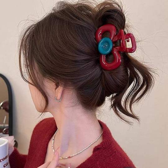 Ankola Red Button Grab Clip Women's New Hair Shark Clip High-grade Sense Back of Head Elegant Hairpin Headwear Hairpin