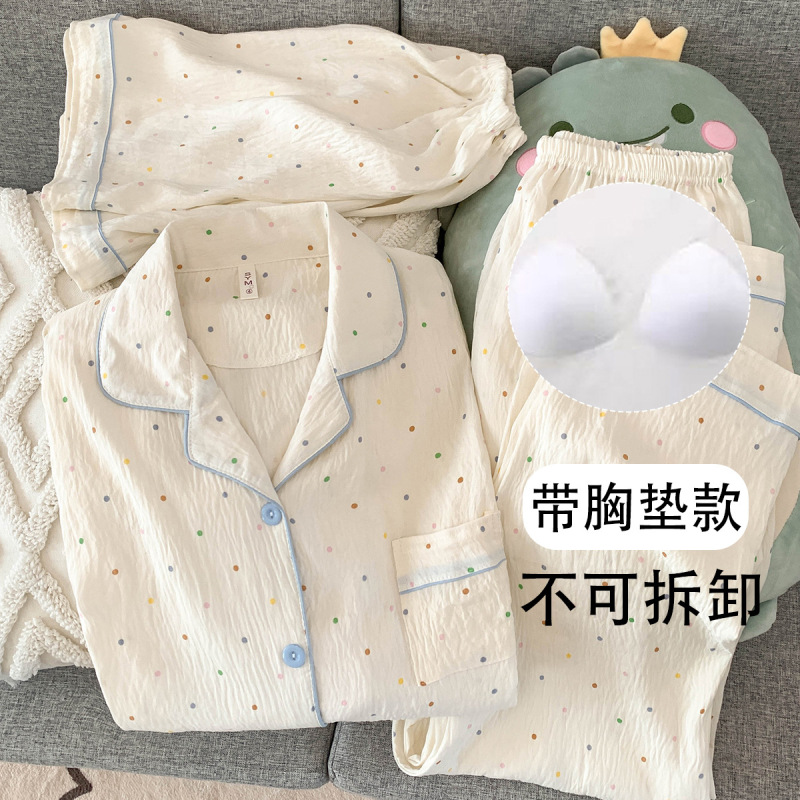 Three-Piece Pajamas with Breast Pads, Short-Sleeved Shorts and Pants, Women's Summer Cute Student Cloud Pure Cotton Gauze Home Clothes