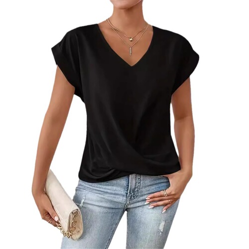 2025 solid color V-neck T-shirt elegant short-sleeved top spring and summer women's clothing
