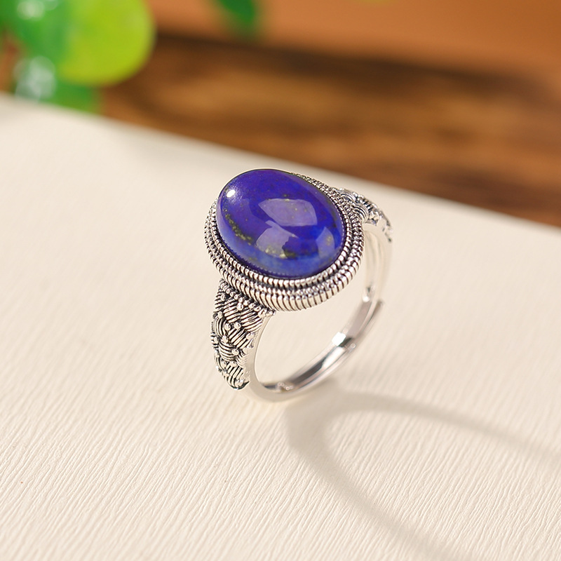 Nhẫn bạc S925 mặt trứng phong cách retro dân tộc đính đá Lapis Lazuli — Mở một size
