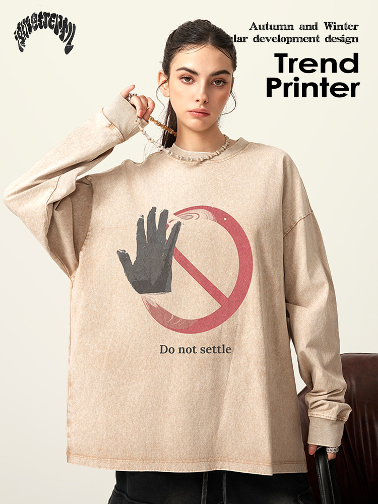 Impresora de marcas| 2025 primavera y otoño versión suelta de algodón retro lavado en agua mangas largas no toque impresión digital camiseta hombre