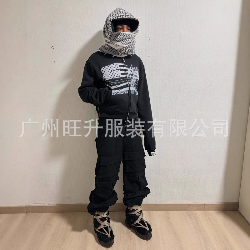 European and American Cross-Border Foreign Trade Autumn and Winter Personalized Street Style Hooded Zip-Up Sweatshirt Cardigan Men's Scarf High-Neck Hooded Top