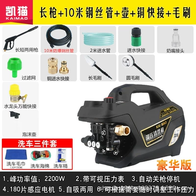 High Pressure Washer 220V Car — Portable car washer - deluxe-edition-host-long-gun-10-m-steel-wire-pipe-foam-pot-all-copper-quick-connection-brush-faucet-universal-joint-three-piece-gift-black-all-inclusive-voltage-regulator