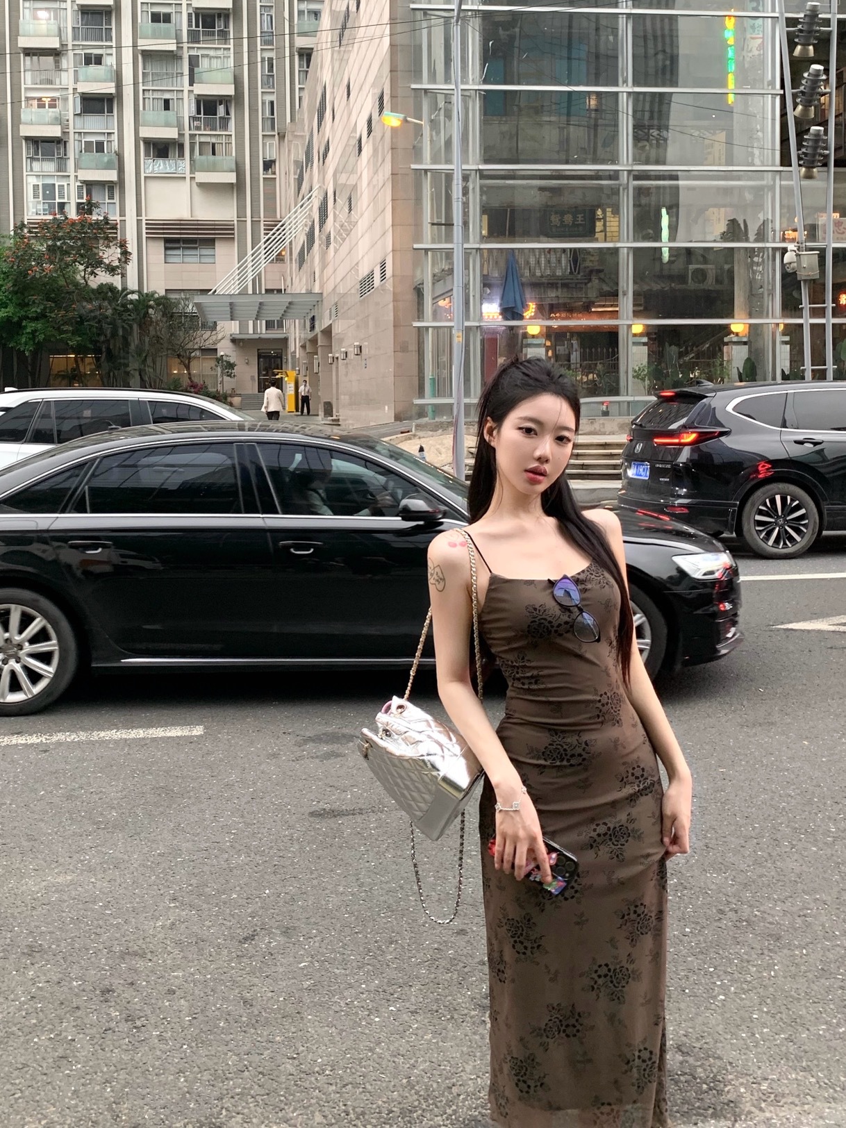 Diablo Vintage Niche Floral Pattern Sling Long Dress Women's Beach Vacation Sexy Hot Girl Slim-fit Base Dress Trendy