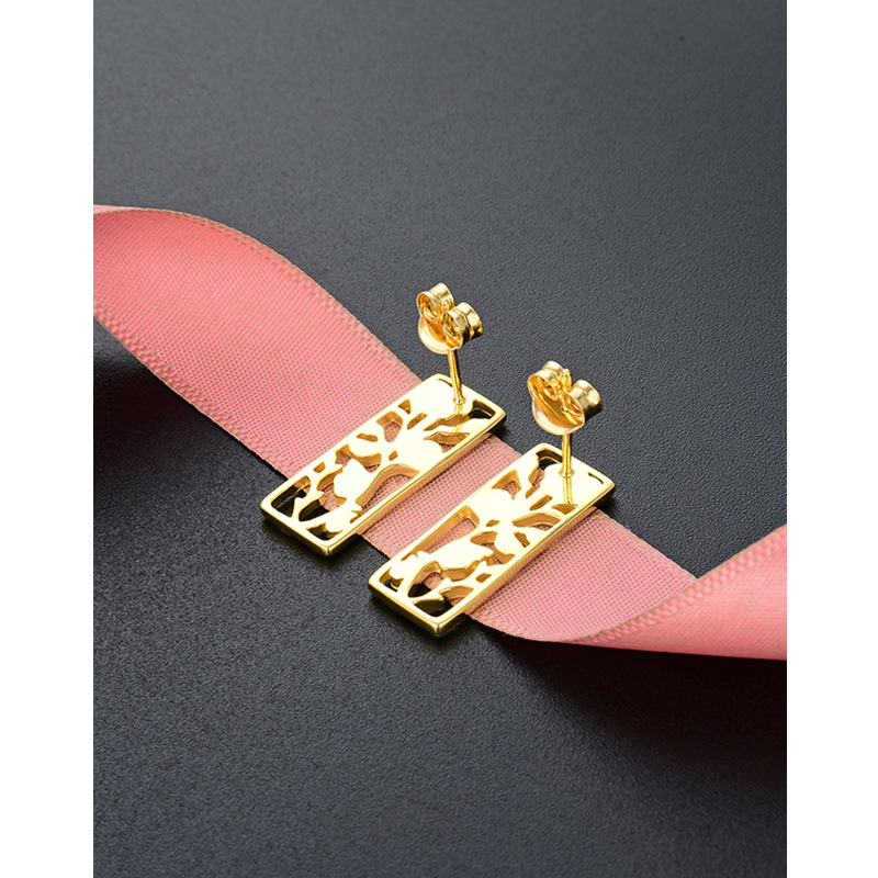 Flor rama rectangular Stud pendientes plata esterlina personalidad retro oro amarillo geométrico hueco pendientes nicho temperamento pendientes para las mujeres