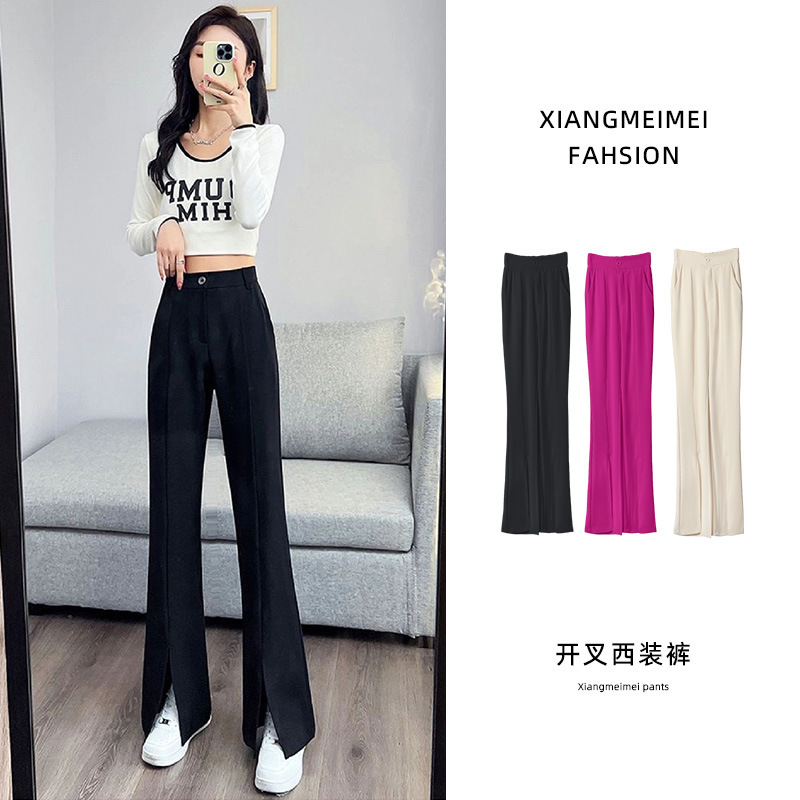 Xiangmeimei Wide-Leg Pants for Women Summer Spring & Fall Straight High-Waist Draped Small Suit Slits Slimming Look Floor-Length Pants
