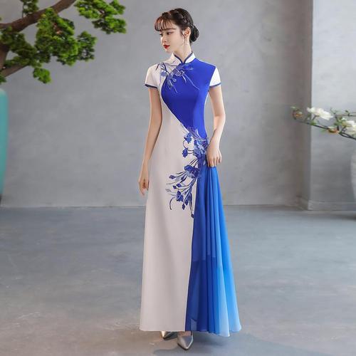 Royal blue with white chinese dresses shows improved qipao cheongsam dress elegant atmosphere young party show nobility evening dress female temperament